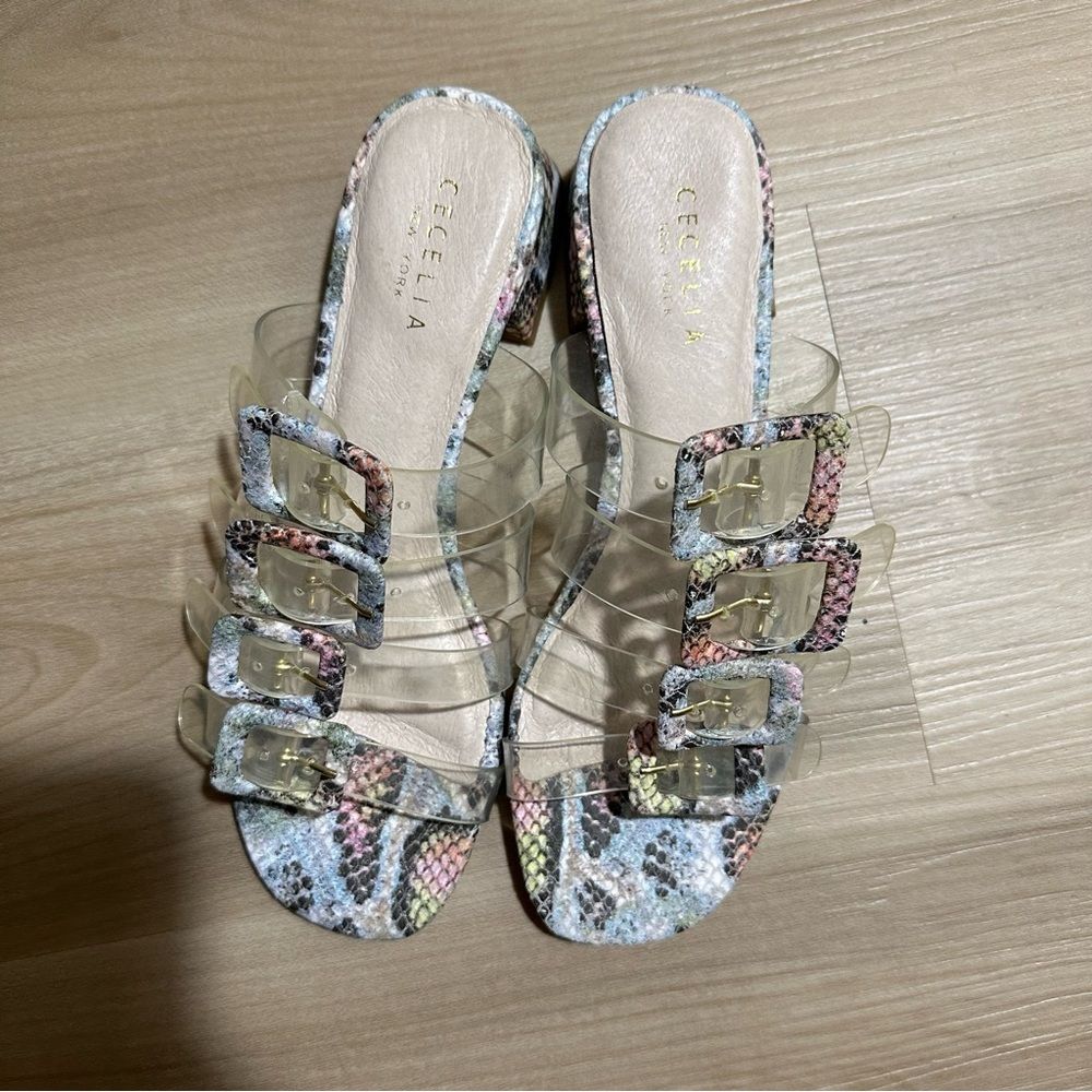 Cecelia New York Lincoln Clear Strap Snake Print Buckle Slide Sandals 7.5 - Picture 14 of 15
